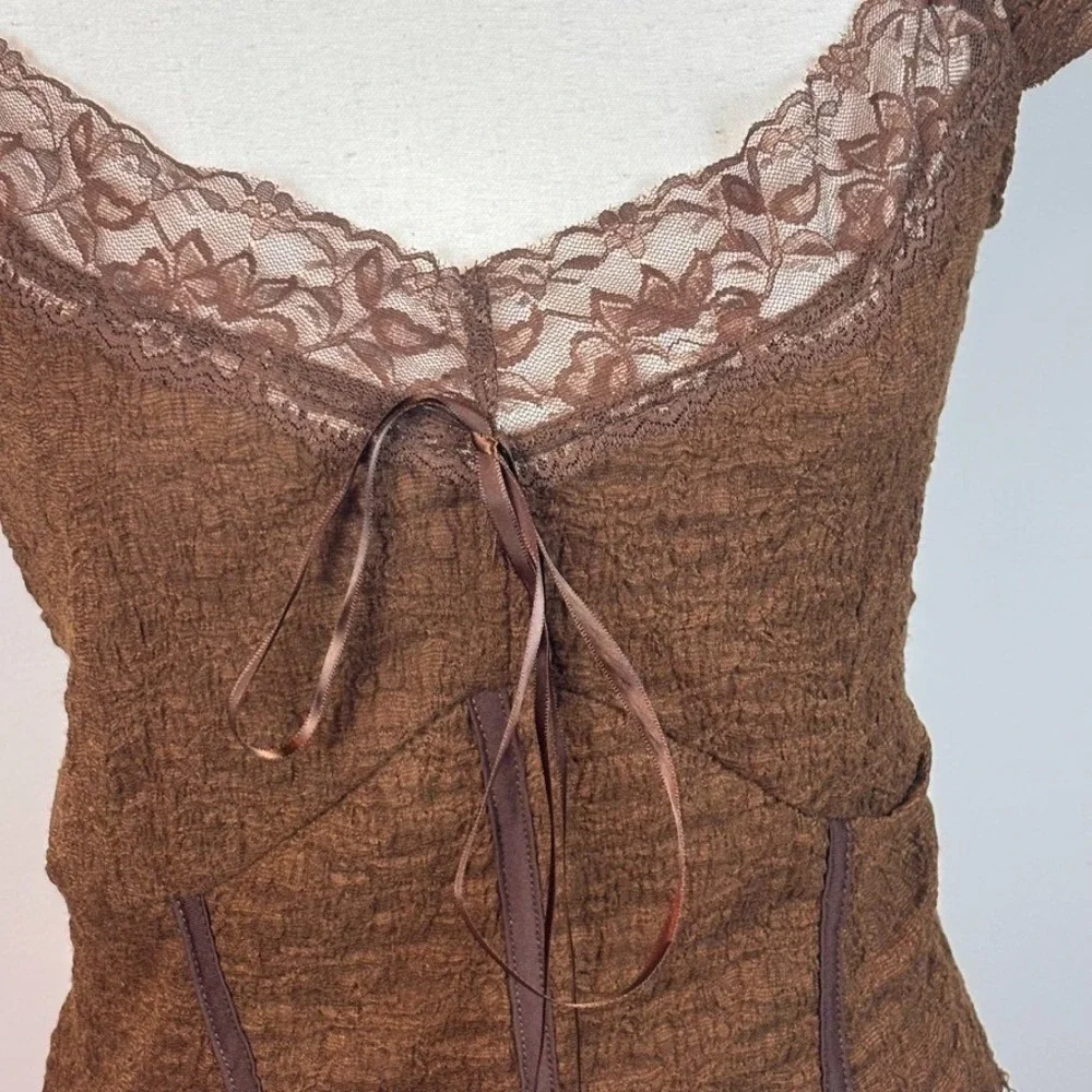 Earthbound Trading Co Women's Y2K Brown Mesh Lace Fairy Coquette Boho Top Large - Picture 2 of 9